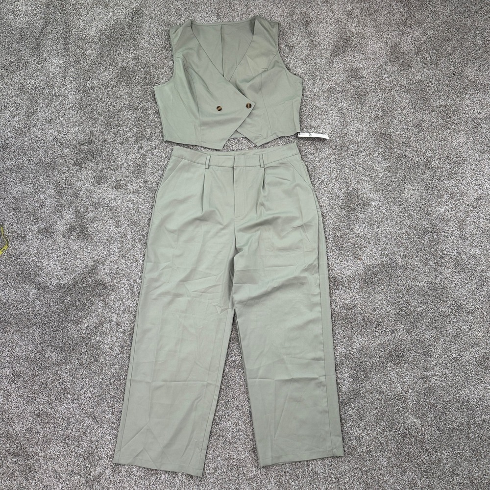 YOZY Pant Set Womens XXL Sage Green Cropped Vest Wide Leg Trousers 2 Piece NEW